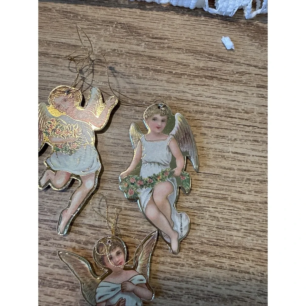 3 Pc Victorian Style Die Cut Angel Christmas Ornaments 1979 Merrimack Paper Gold